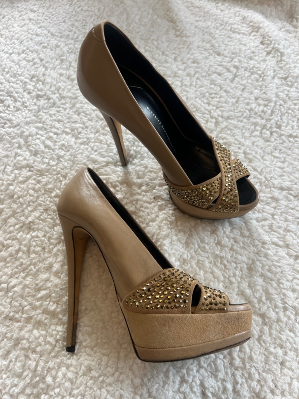 Giuseppe Zanotti Tan Nude Platform Peep-Toe Heels with Gold Studs